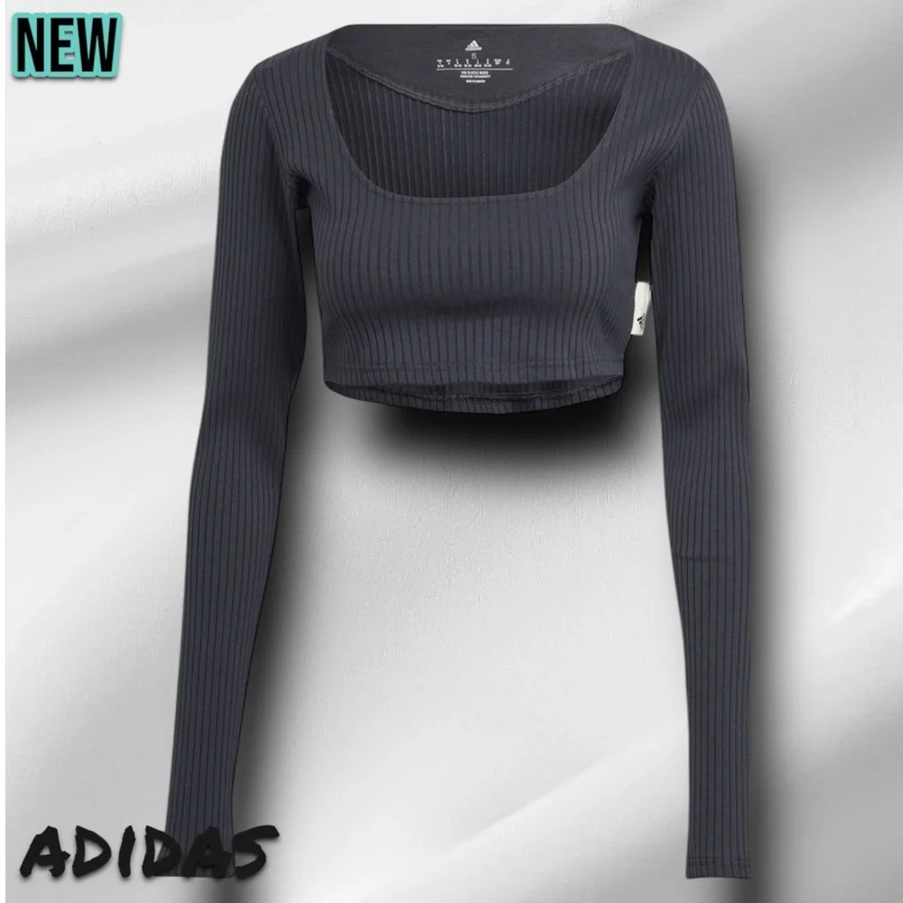 🔴New NWT adidas Women’s Studio Rib Long Sleeve Crop op Carbon - Large - Picture 4 of 7